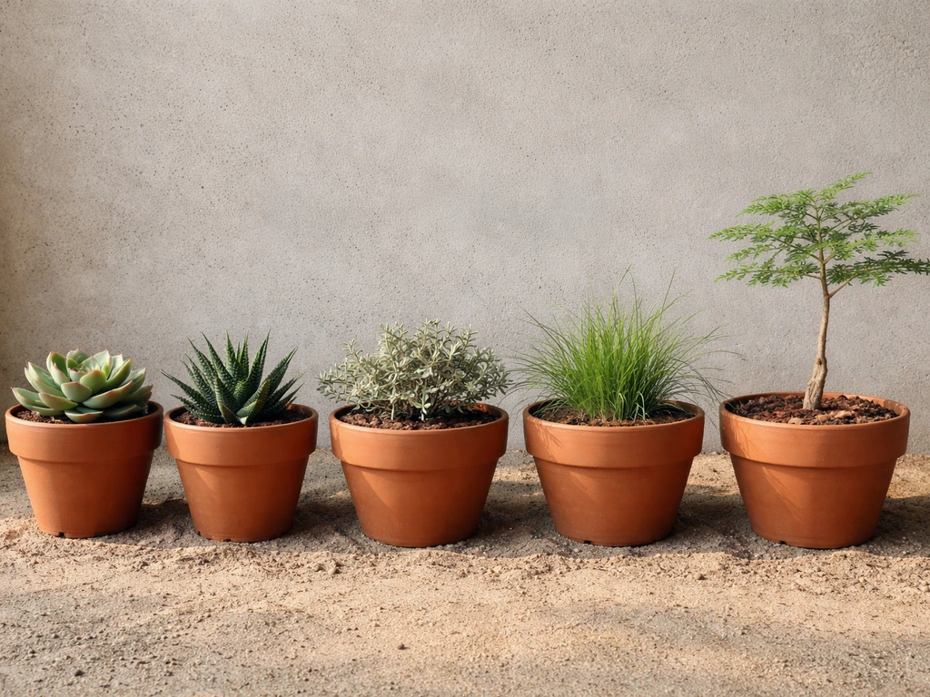 Minimal table display of dry-area plants grouped by growth form in small pots