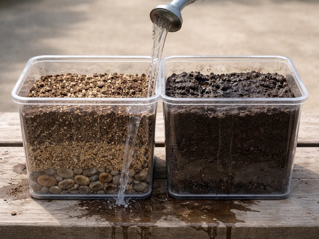 Two simple soil setups showing fast-draining gravel mix versus slow-draining compacted clay in containers