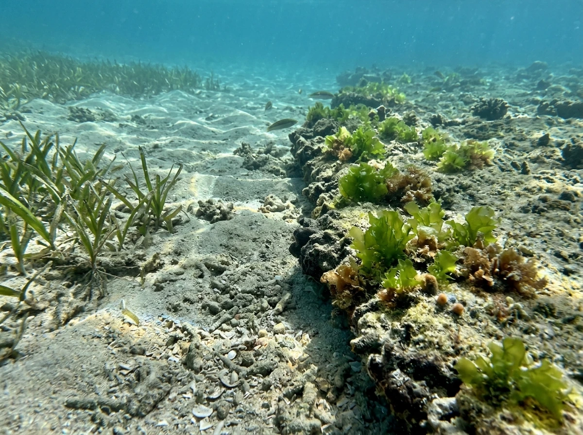Seagrass rooted in sand beside hard substrate where reef plants/seaweeds grow