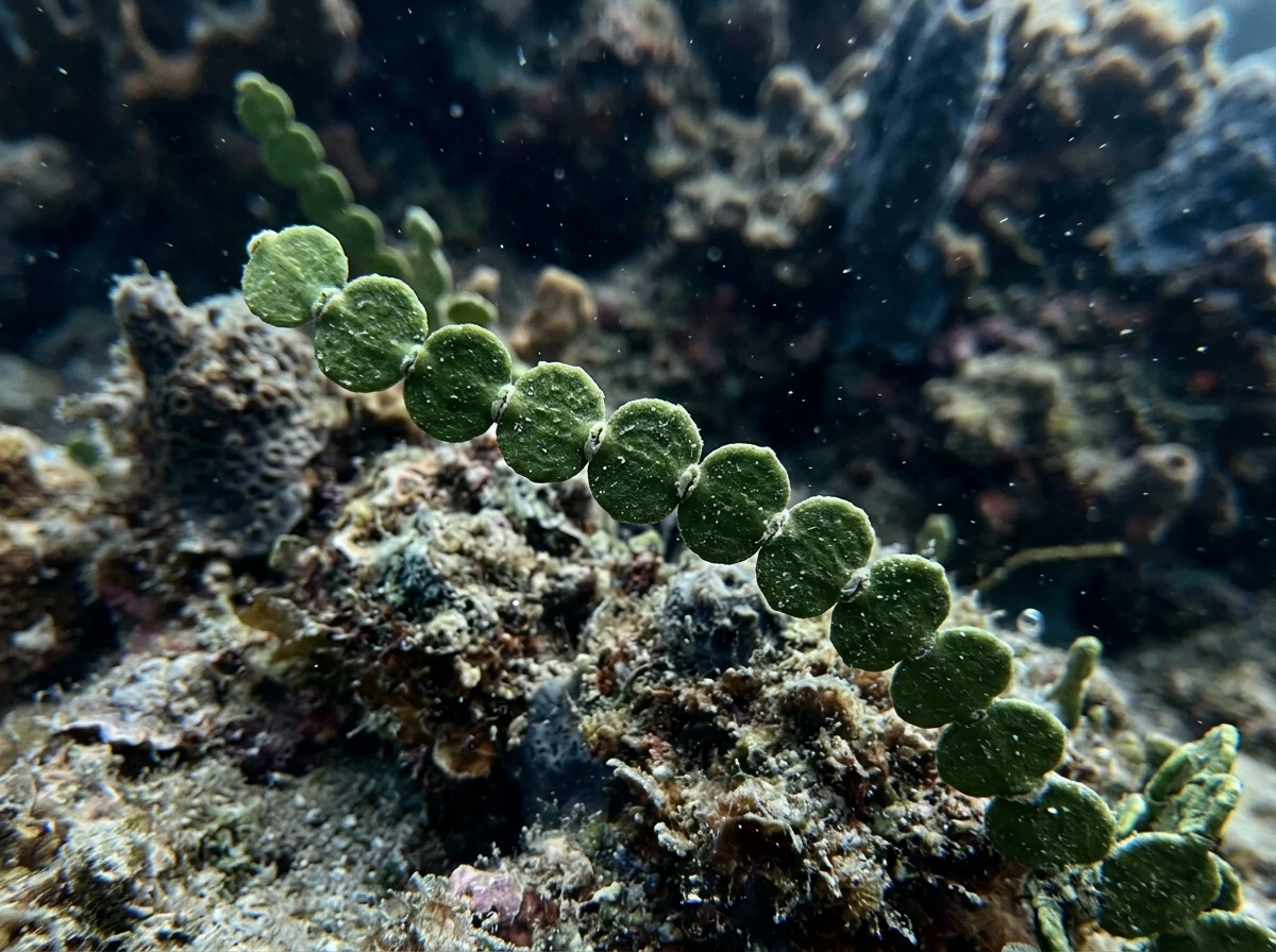 Calcified disc-chain macroalgae (Halimeda-like) on a reef bottom