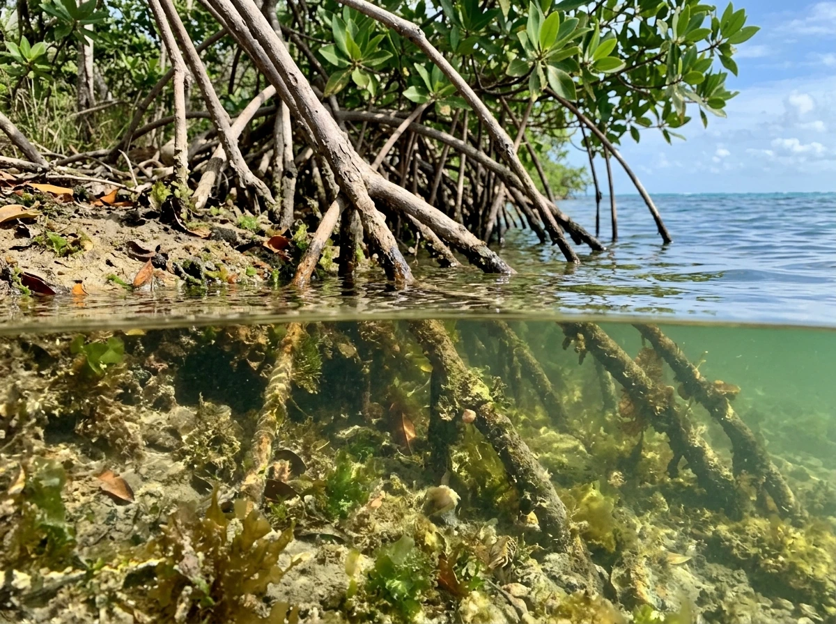 Mangrove roots at the shoreline transitioning into shallow reef-adjacent water