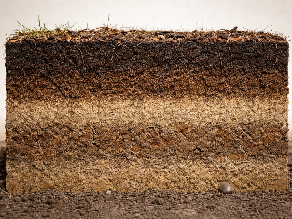 Cross-section of soil horizons from surface down, showing distinct layered earth O/A/E/B/C.