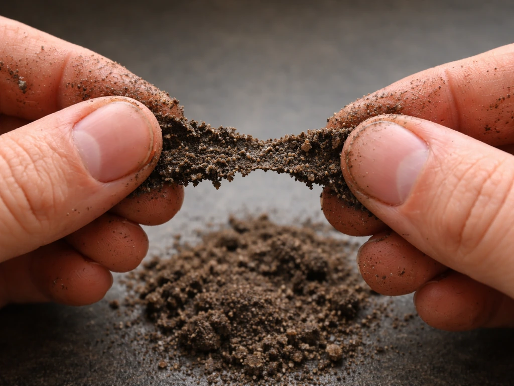 Hands pinching a moist soil sample to form a thin ribbon between thumb and forefinger.