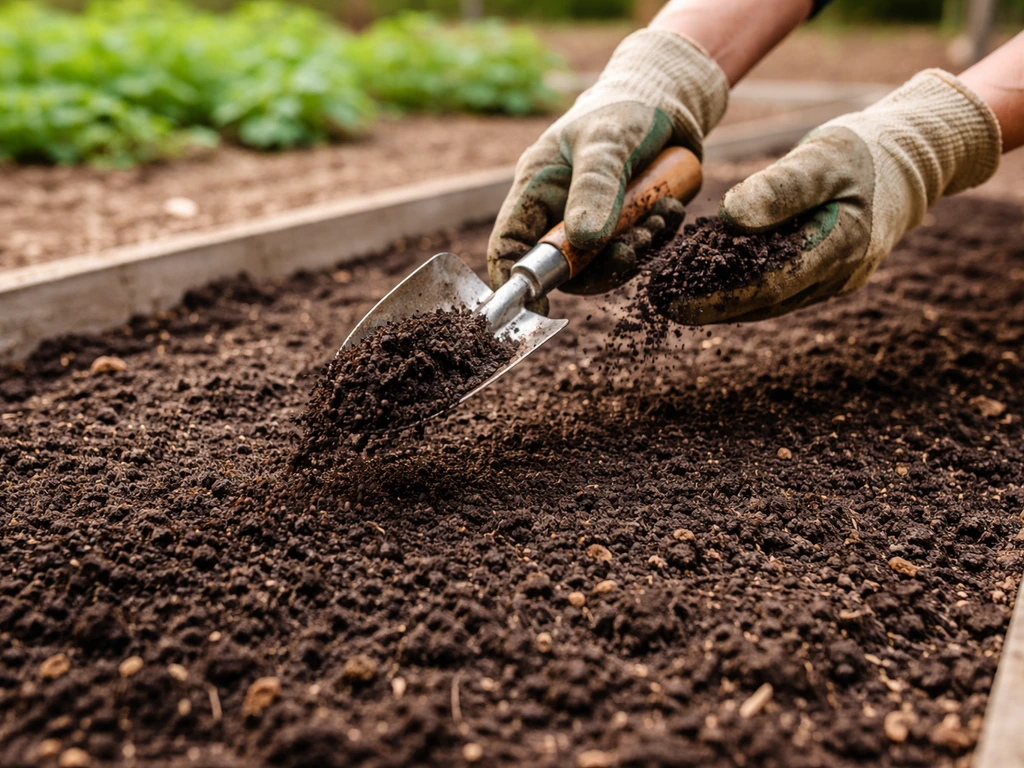 Hands using a small garden scoop to spread compost on a vegetable garden bed