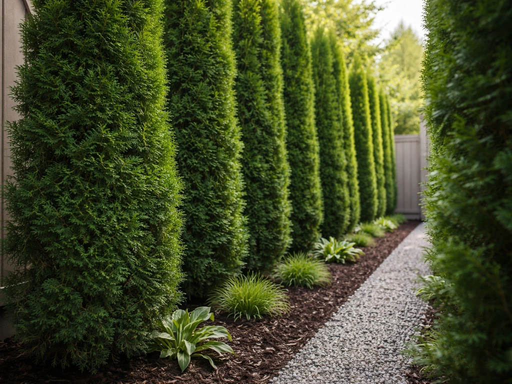 Tall narrow columnar conifers in a tight side yard forming a natural privacy screen.