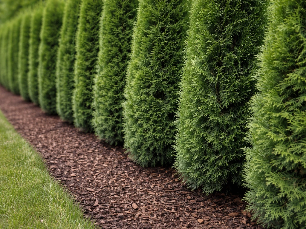 Close-up of tightly planted narrow columnar conifers showing upright privacy growth habit.