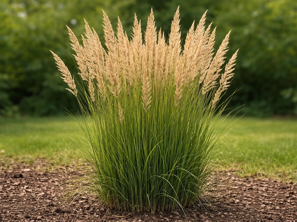 Upright compact clump of feather reed grass with narrow feathery plumes in a simple garden setting.