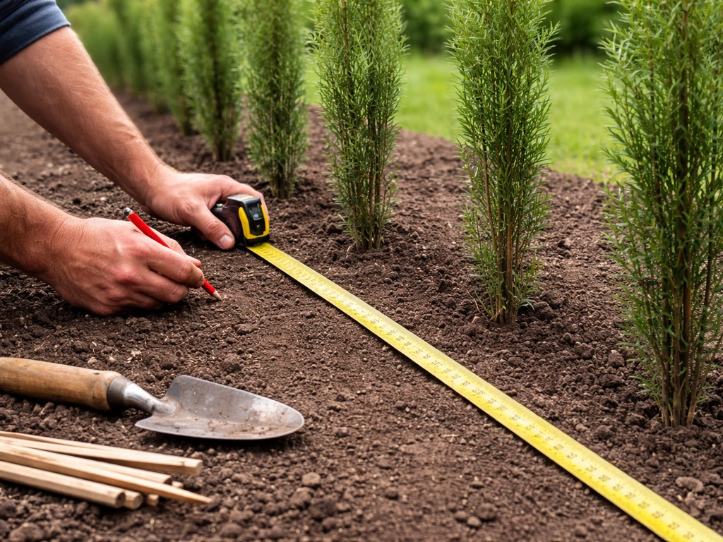 Installer uses a tape measure to space tall narrow plants in a narrow planting strip