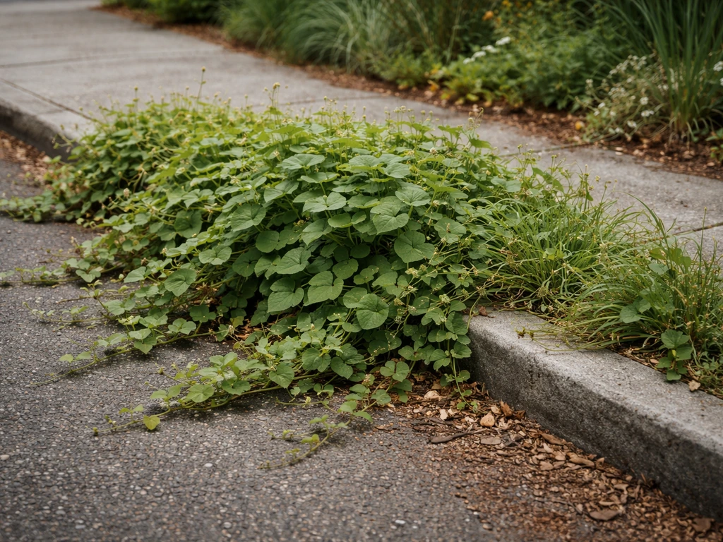Overgrown invasive plants spilling into a curbside native garden bed along a roadside