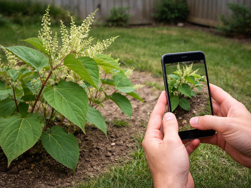 Homeowner photographing an invasive plant for identification, full plant in yard with close-up leaf detail.