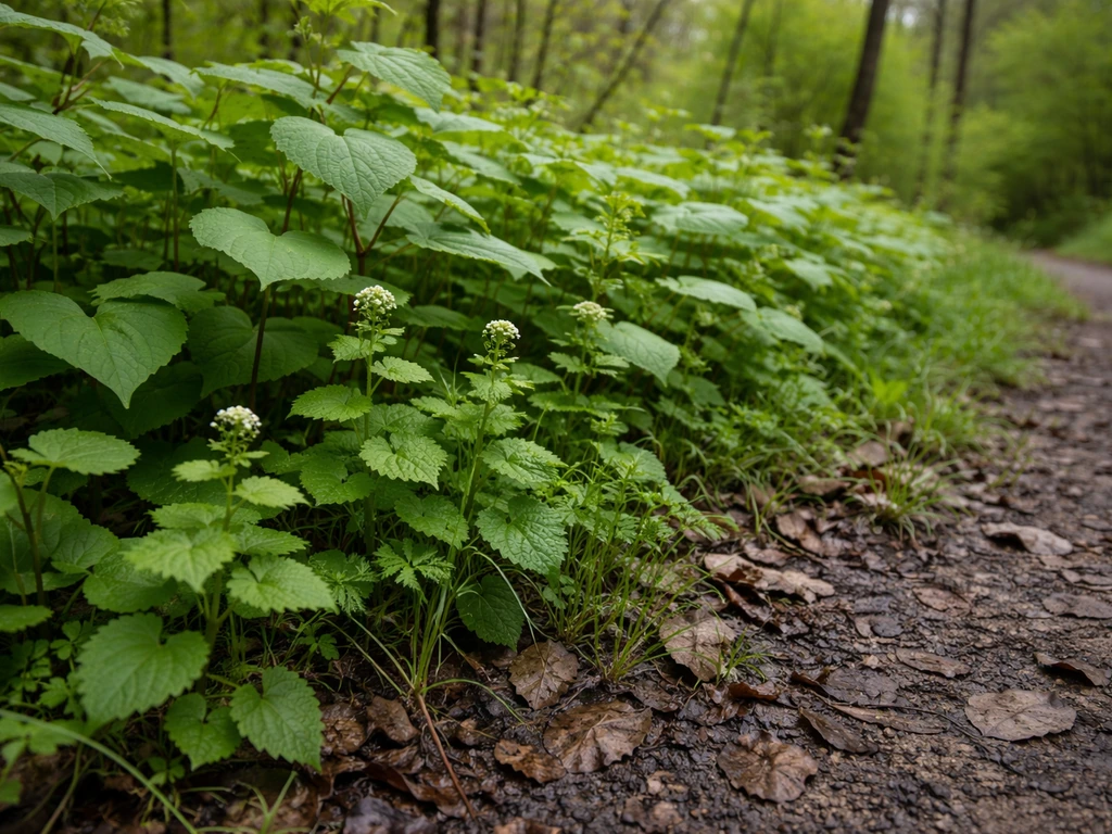 Dense Japanese knotweed and garlic mustard crowding a path/ditch edge in a temperate setting.