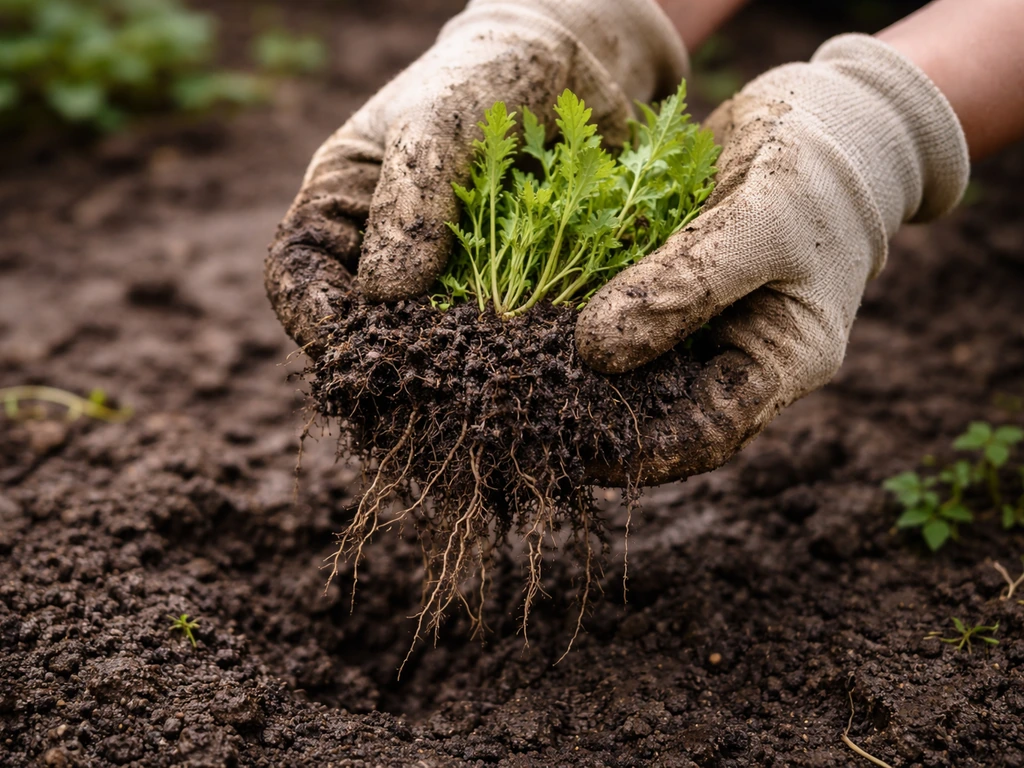 Gloved hands hand-pulling young weeds from moist soil, roots exposed after watering