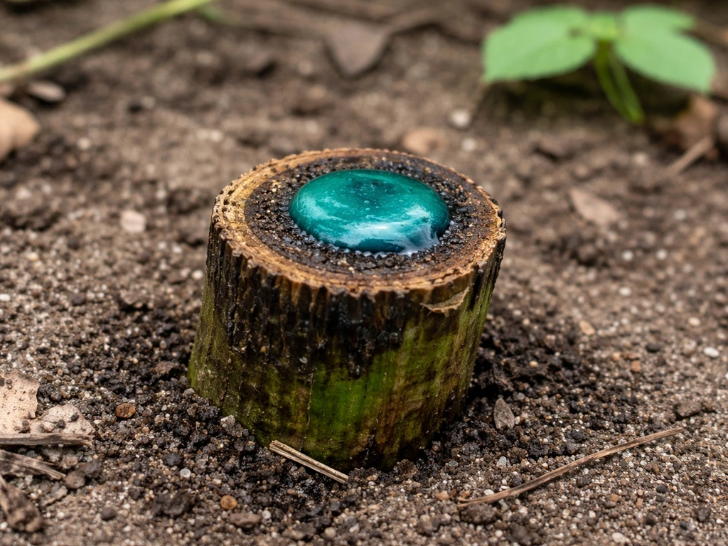 Freshly cut invasive plant stump with herbicide applied to the cut surface, on bare soil.