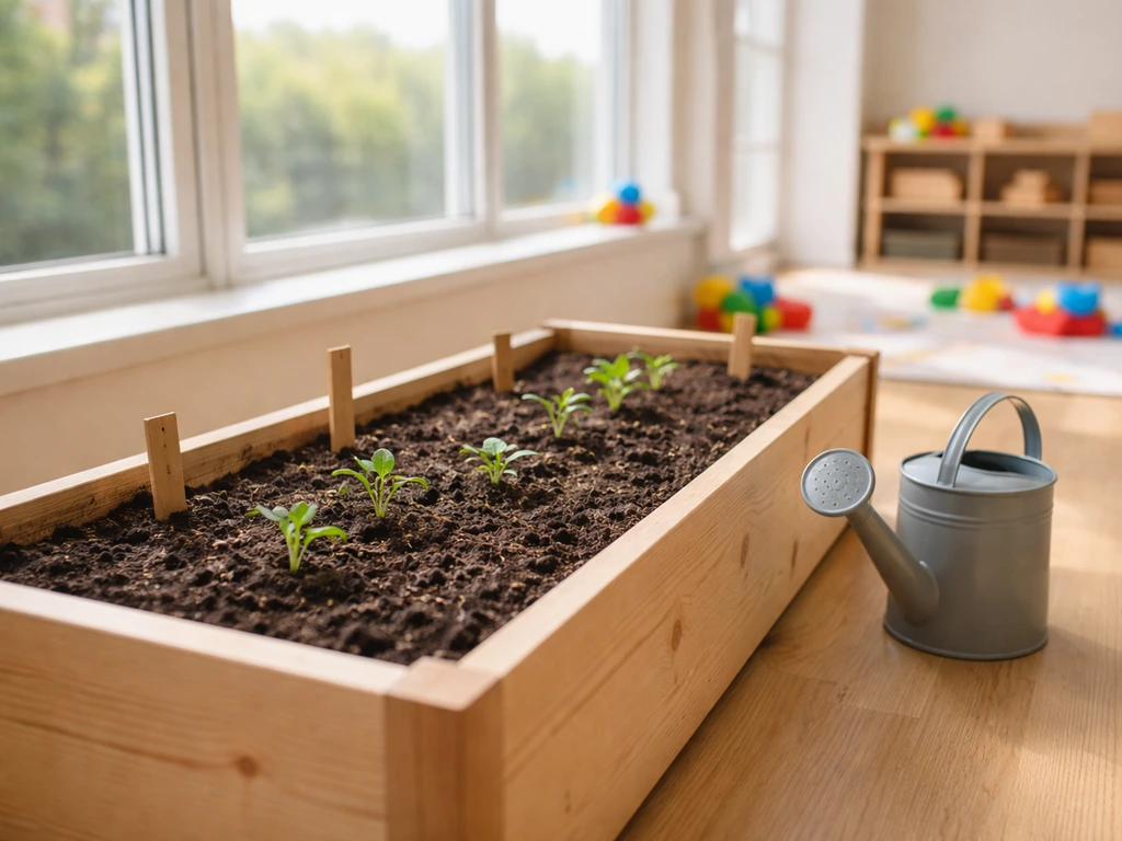 Bright kindergarten classroom with a small garden bed and watering can, showing soil and seedlings