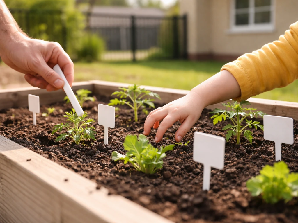 Child helps assess seedlings in a school garden raised bed with garden tags and daylight.