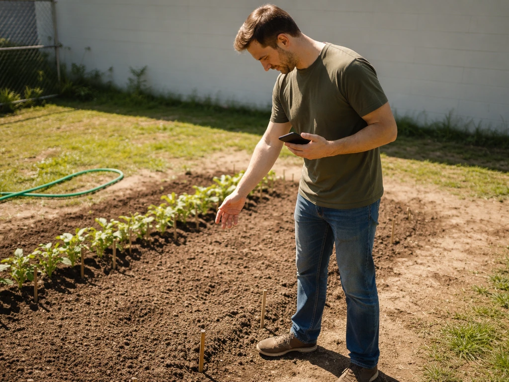Person checking sunlight in a school garden bed with a hand-held phone near a small planting area