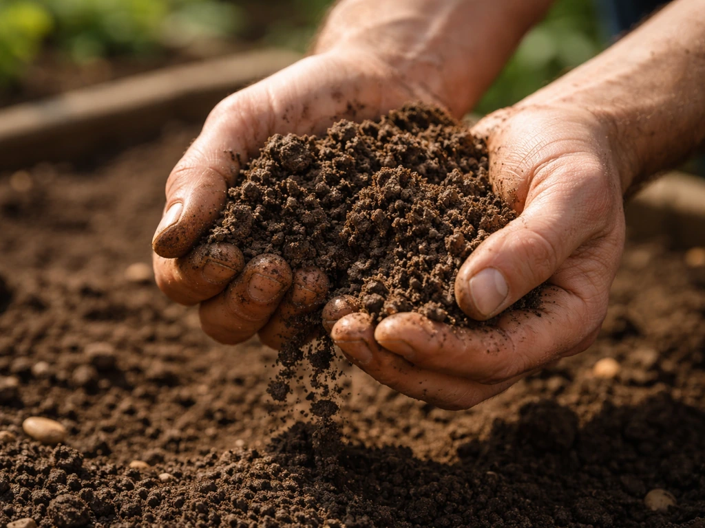 Close-up of hands squeezing a handful of soil, with a simple garden bed background blur.