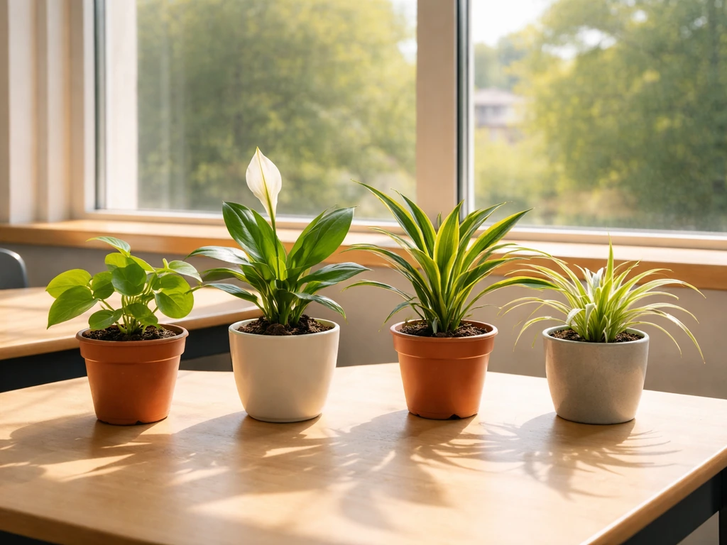 Tabletop lineup of small easy houseplants in pots near a bright sunny window