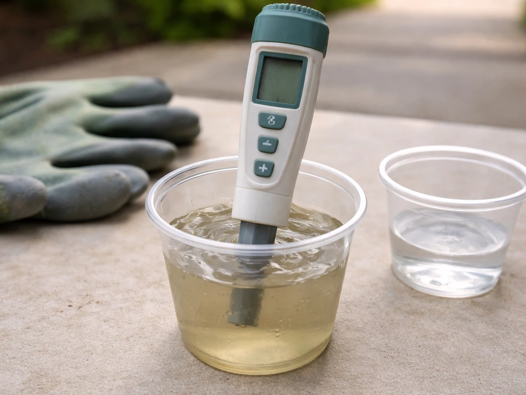 Close-up of a gardener’s EC meter testing a brackish-water sample in a simple outdoor setup