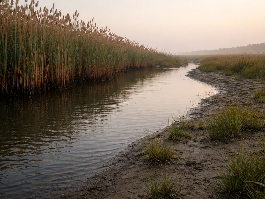 Tall common reed stands along a brackish wetland shoreline with shallow water and muddy bank
