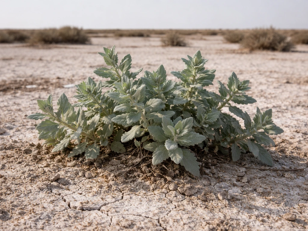 Silvery saltbush (Atriplex) growing in a brackish, saline landscape with dry salty ground