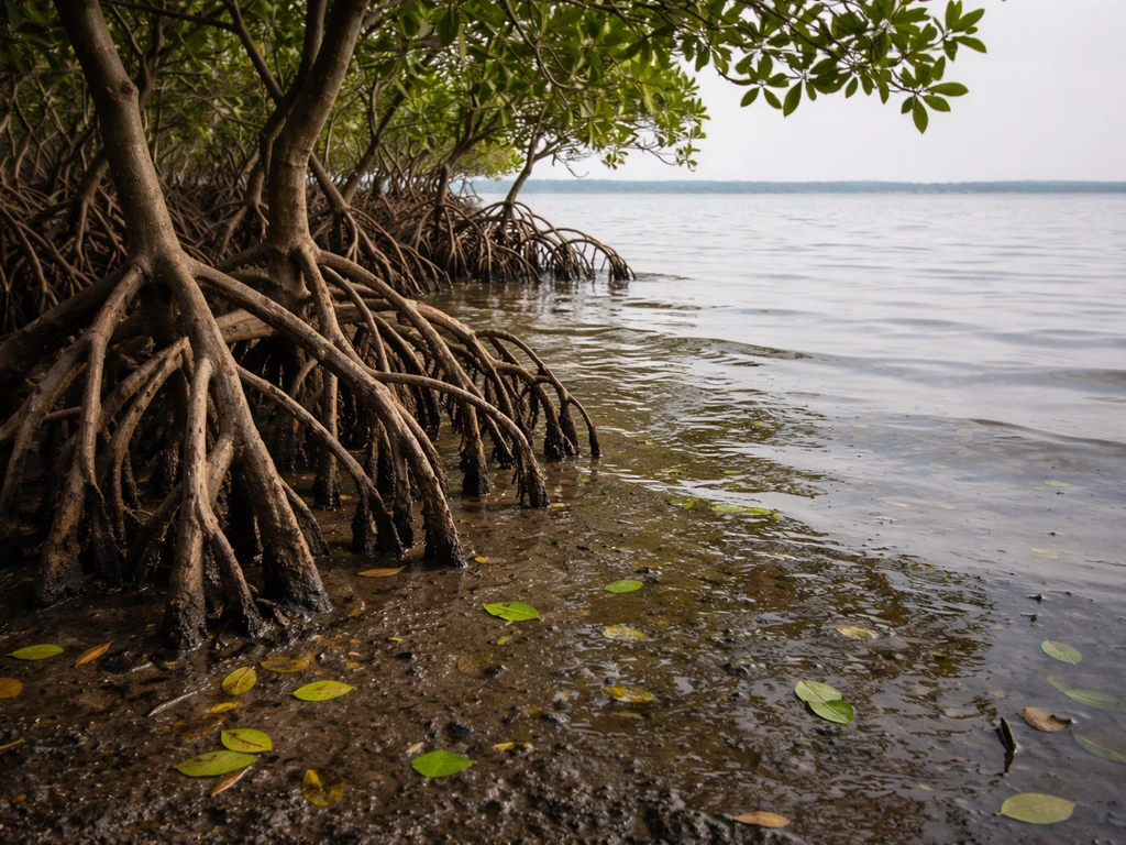 Mangrove shoreline with prop roots and stilted stems in shallow brackish water at low tide