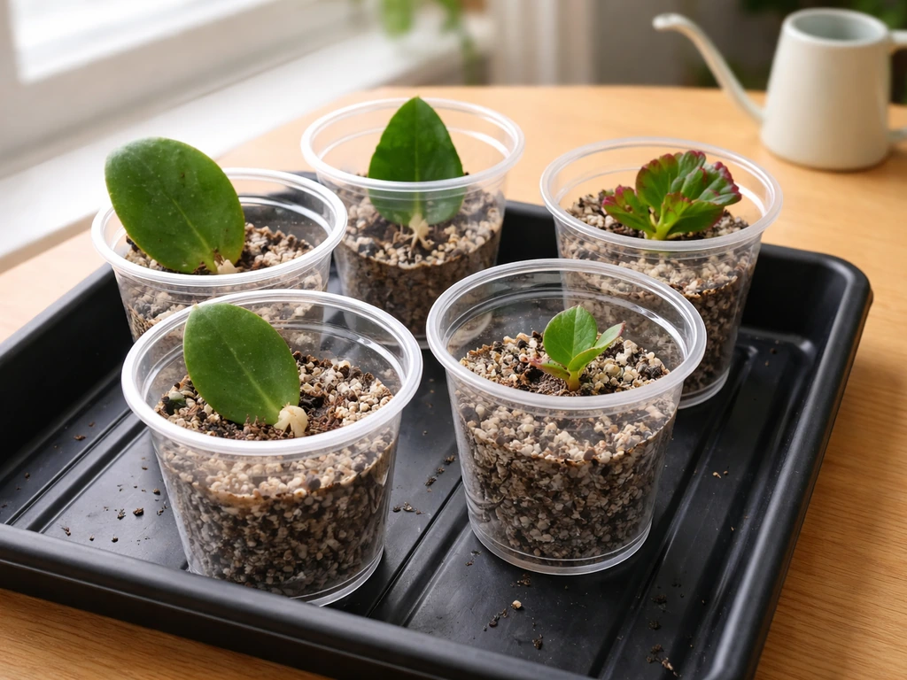 Collage of five leaf cuttings in cups showing emerging roots and tiny new plantlets in rooting medium.