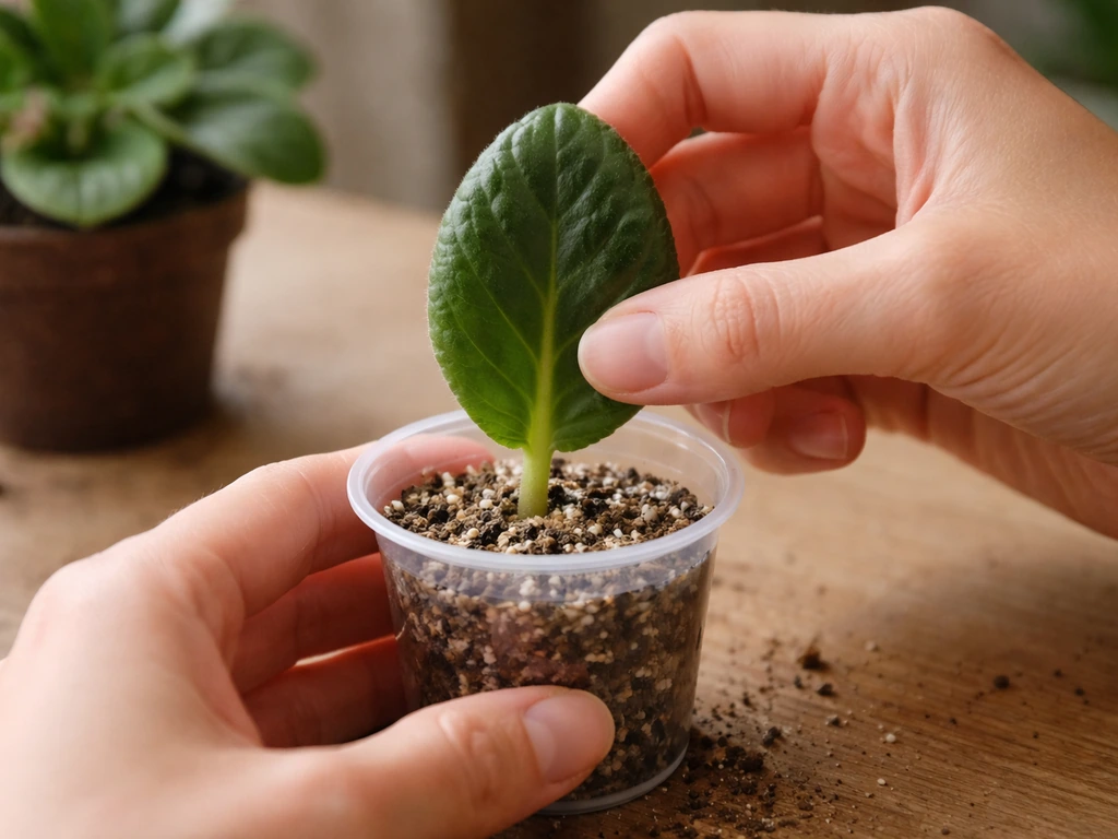 Close-up of an African violet leaf cutting placed into moist propagation medium in a small pot