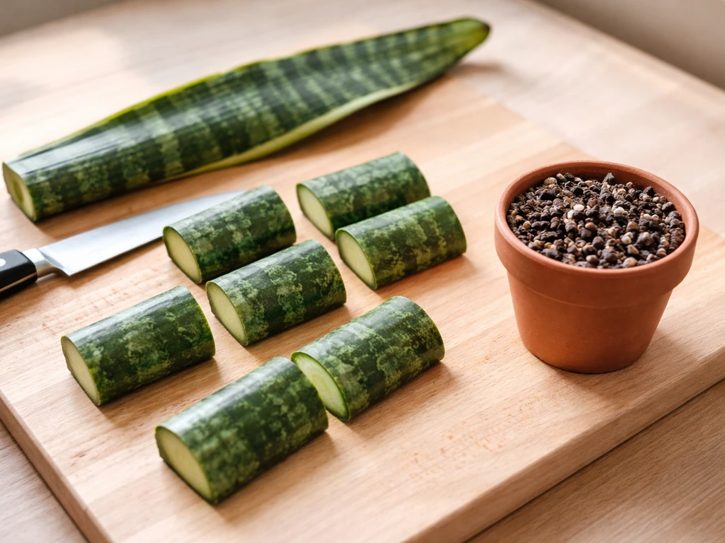 Close-up of a snake plant leaf cut into 3–4 inch segments, laid for rooting in soil