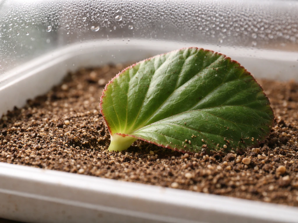 Close-up of a fresh begonia leaf cutting placed on moist rooting medium under a clear humidity cover