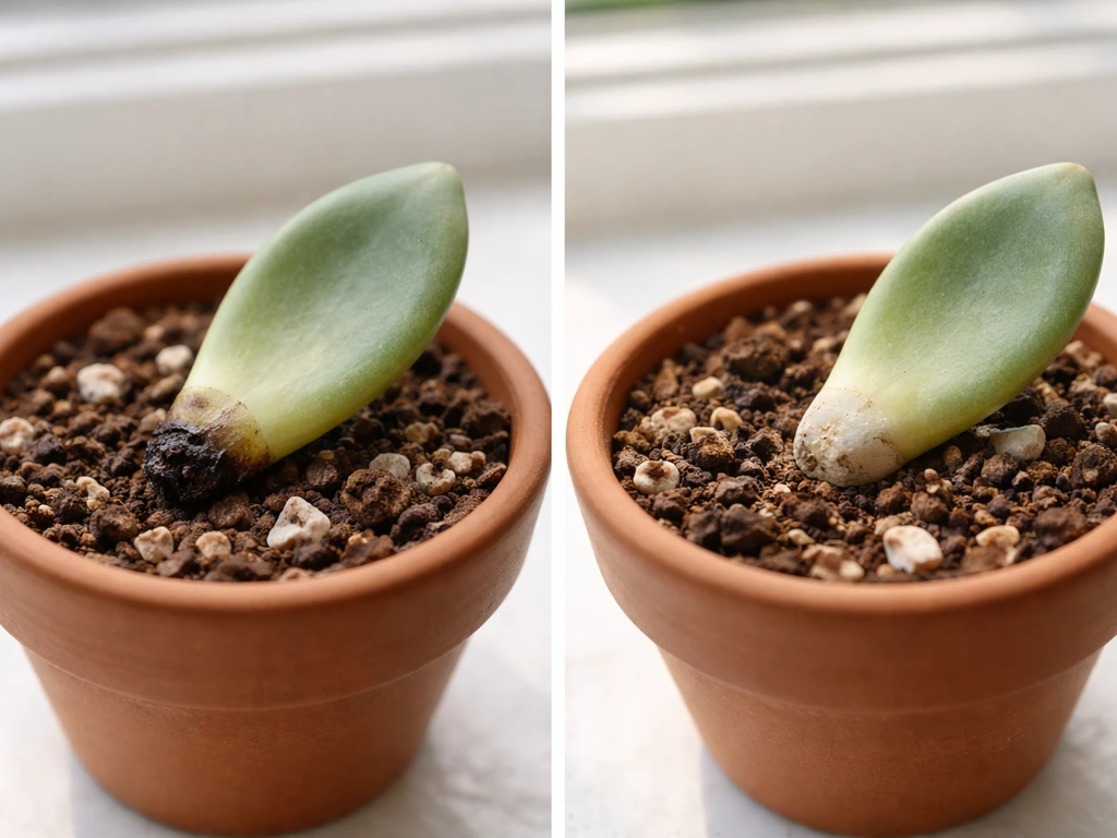 Succulent leaf cuttings side-by-side: one rotting at the cut end, the other dry and callused.