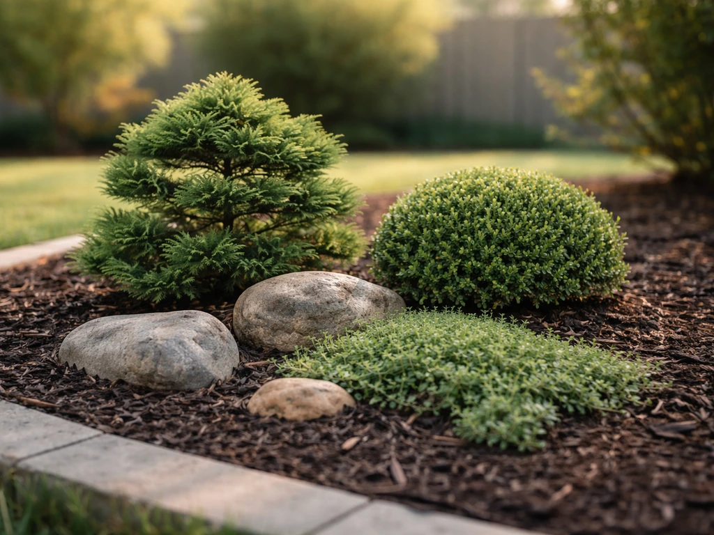 Minimal garden vignette showing a few slow-growing plants in suited planting beds at eye level.