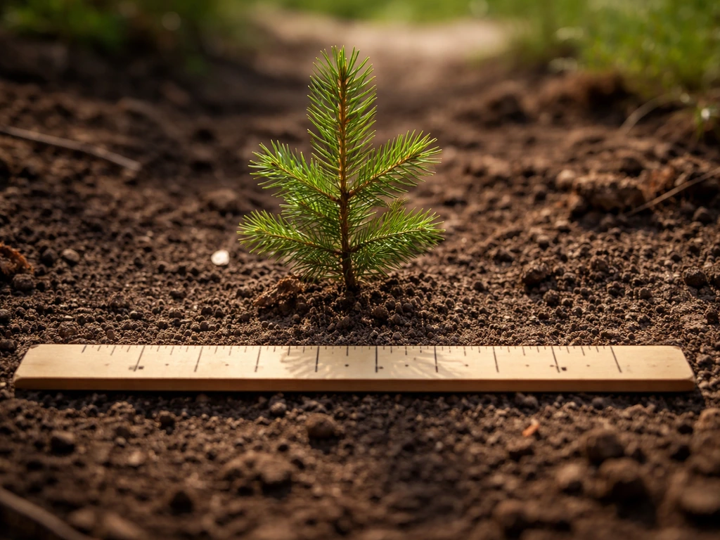 Close-up of a small conifer sapling outdoors beside a ruler showing vertical growth increments.