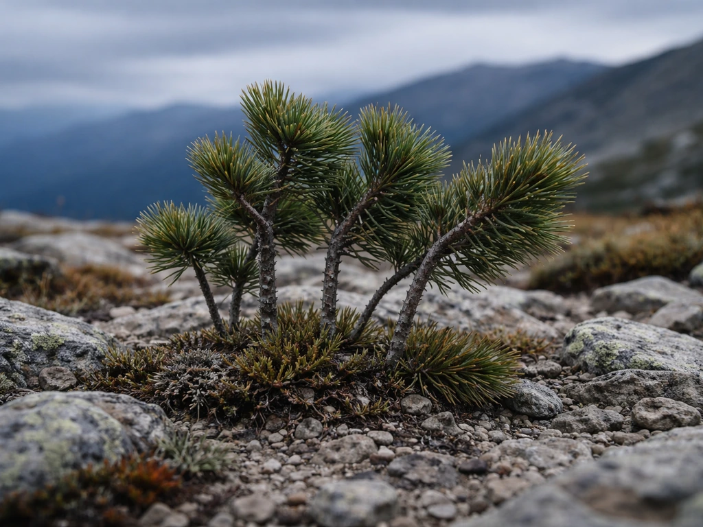Slow-growing whitebark pine seedlings on rocky high-altitude ground in cool windy conditions.