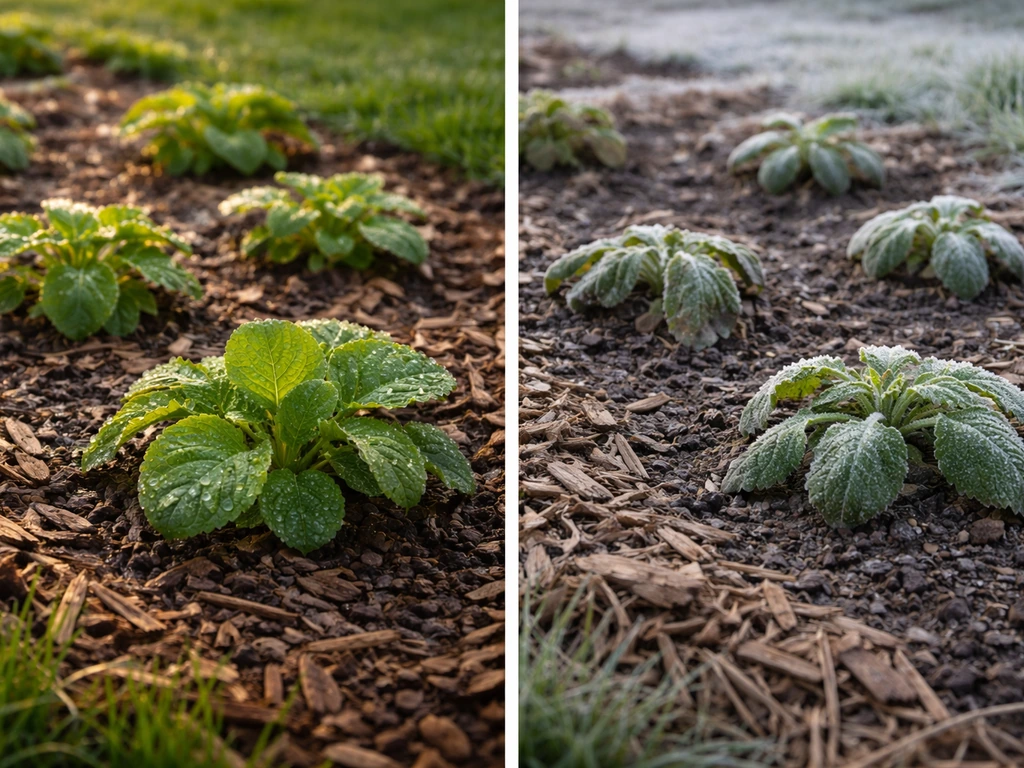 Split garden scene showing mulched slow-growth plants in suitable weather vs stressed plants in wrong season.