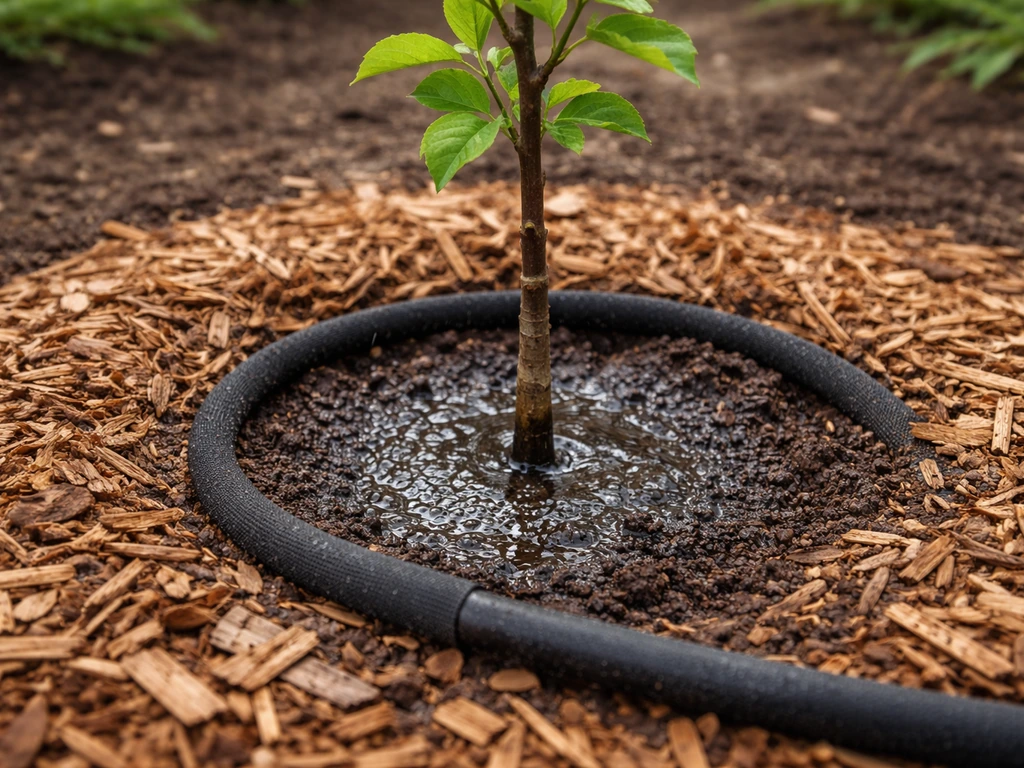 Young sapling being drip-watered at the base with fresh mulch kept away from the stem.