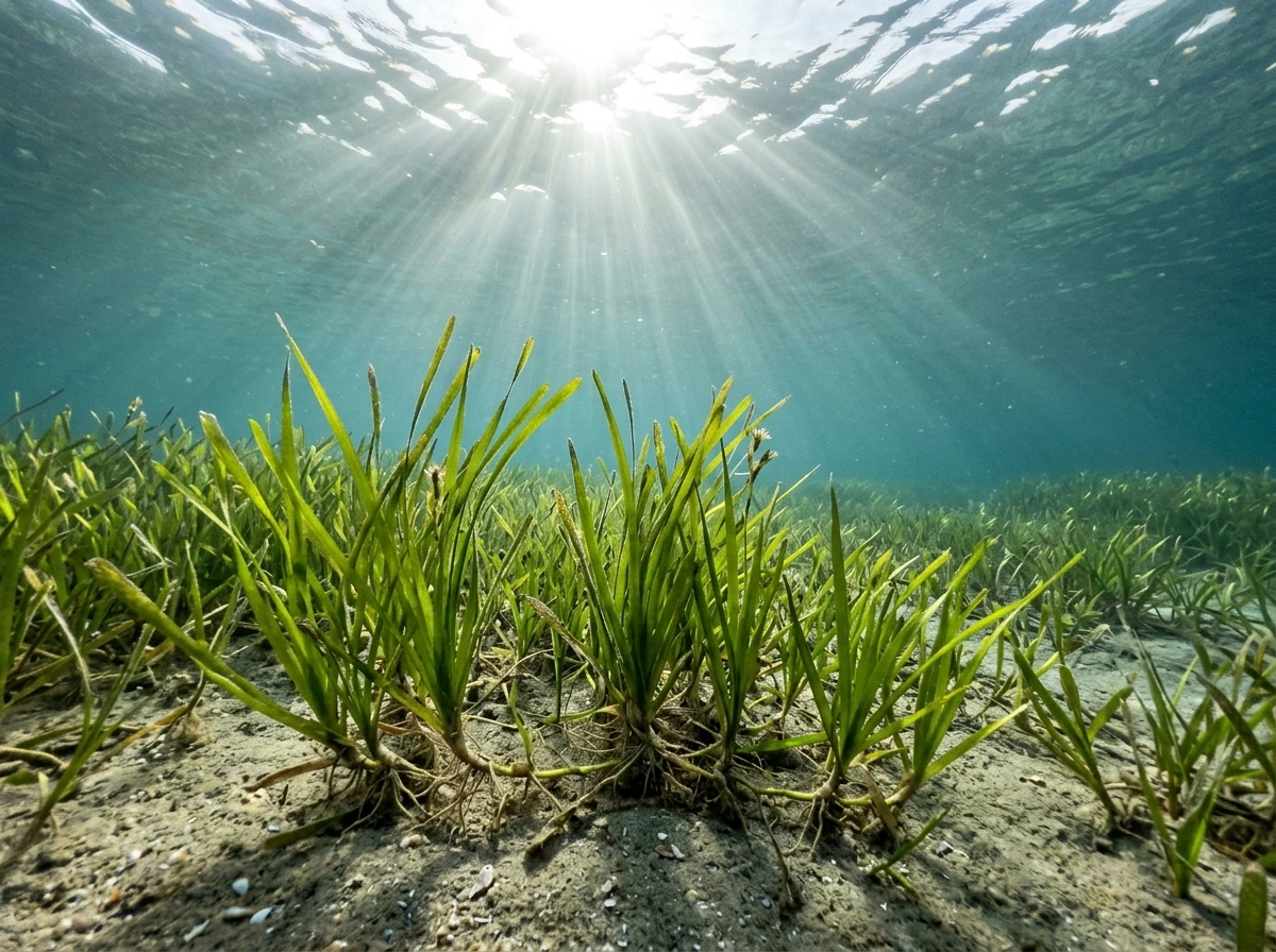 Shallow seagrass bed with blades rooted in sandy muddy sediment