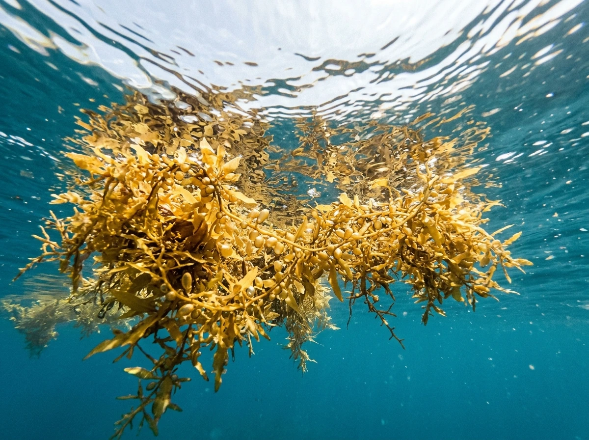Floating Sargassum mats with visible air-filled bubbles at the surface