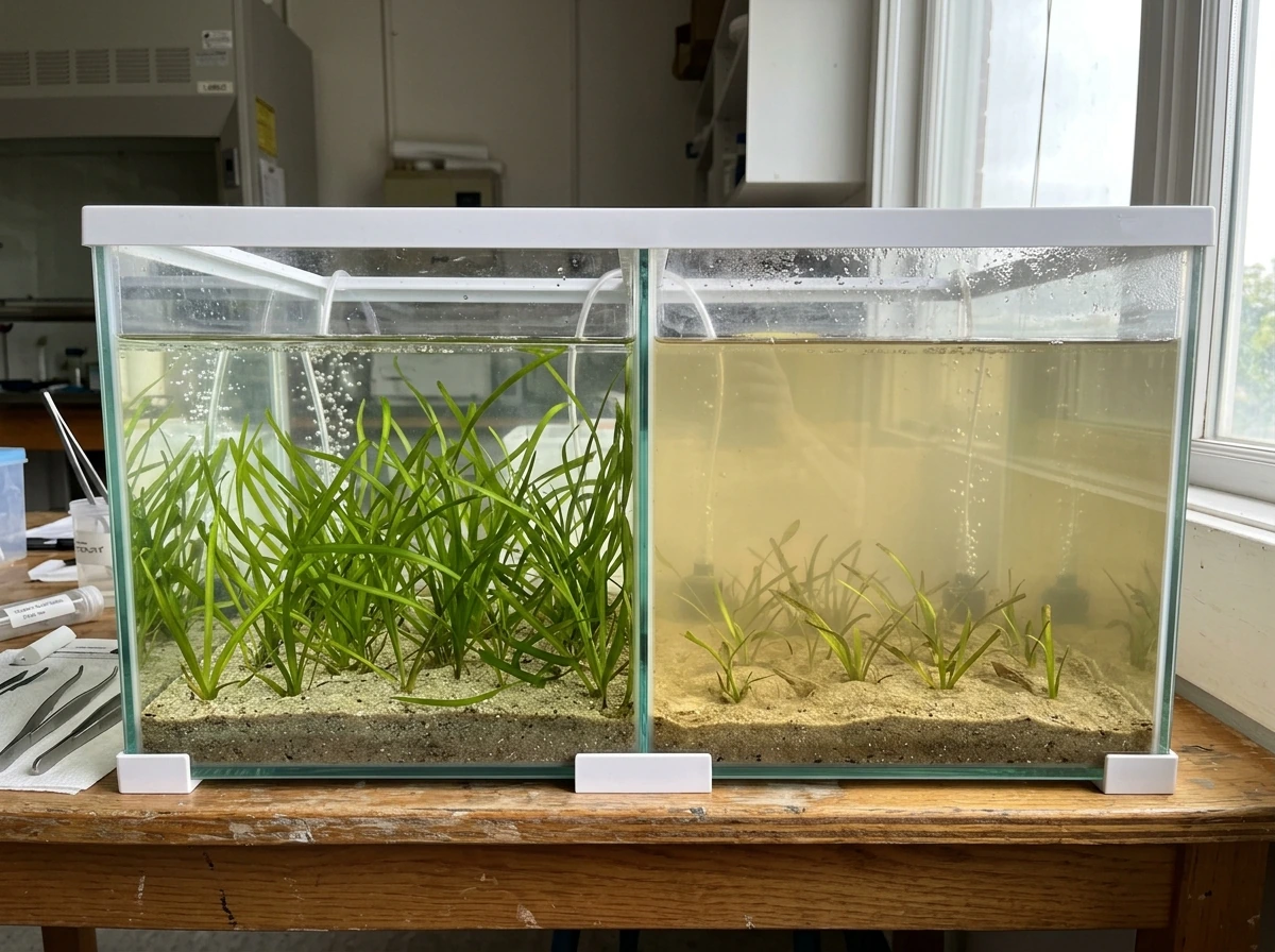 Seagrass under clear vs dim/turbid light conditions showing growth difference