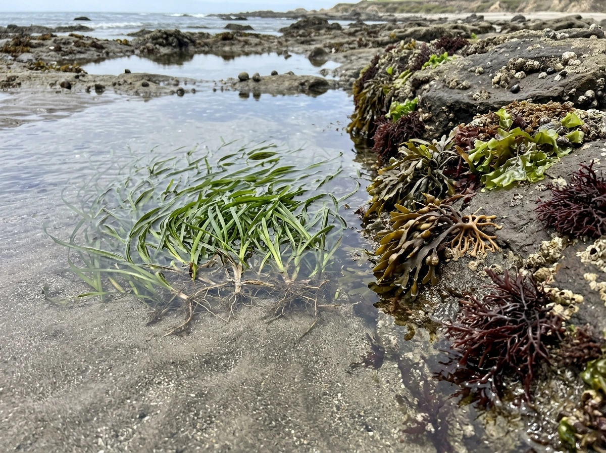 Seagrass bed and rocky holdfast seaweed growing in different seabed types