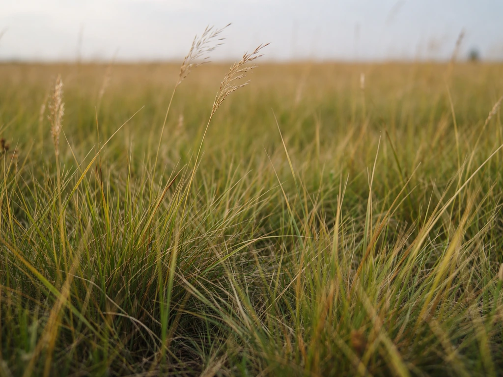 Ground-level view of prairie grasses with sharp blades and small seed heads in natural light