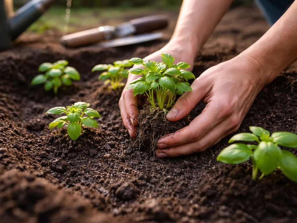 Hands spacing and placing small seedlings into prepared garden soil in a simple bed.