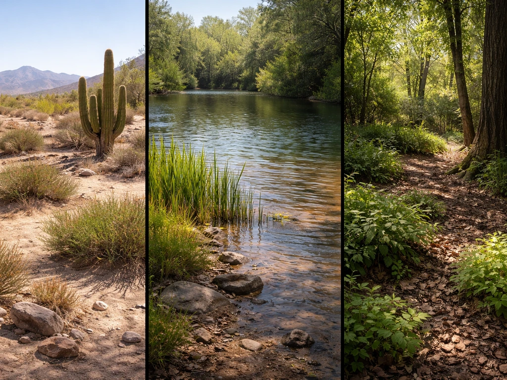 Panoramic split view of a desert, a freshwater pond edge, and a forest understory with plants in each.