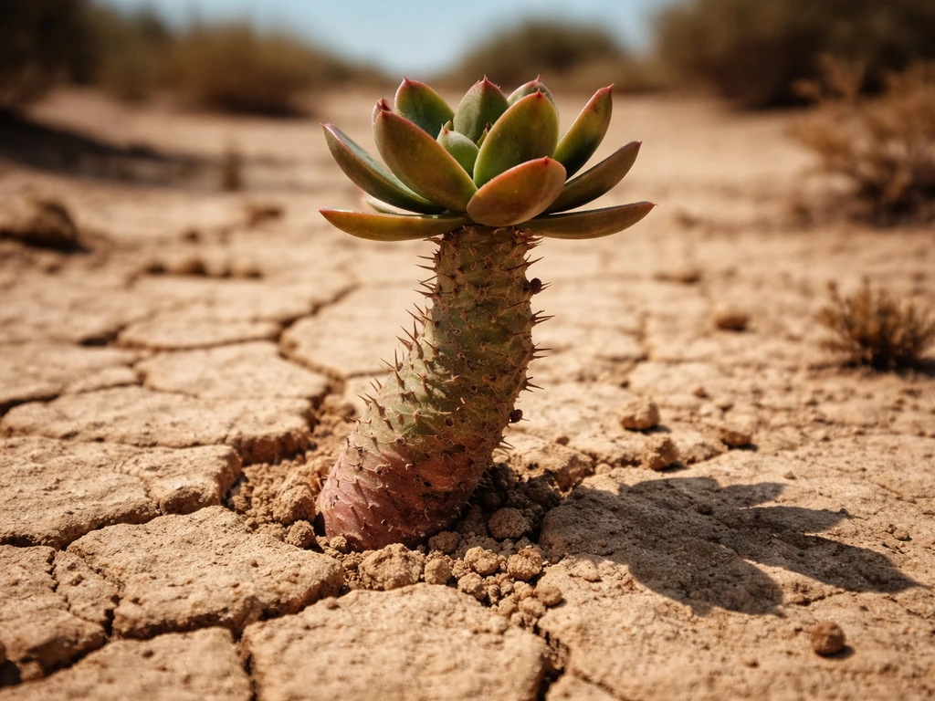 Close-up of a drought-adapted succulent growing in cracked desert ground with sparse vegetation.