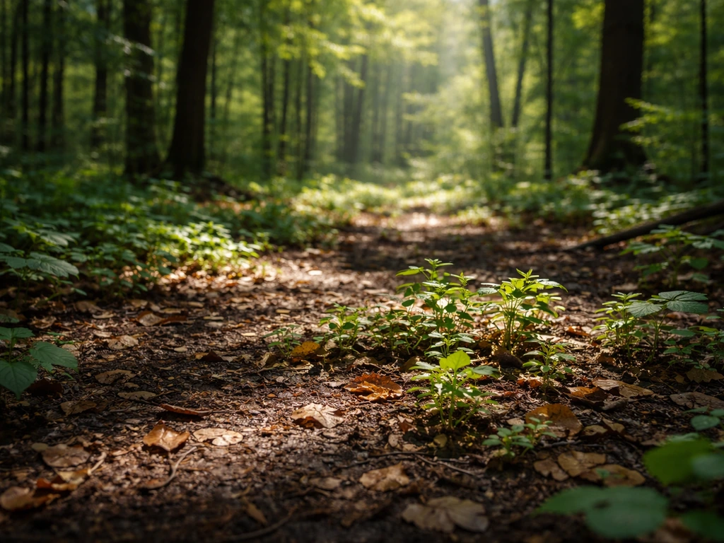 Sunlight dapples a temperate forest floor with leaf litter, moist soil, and small understory plants.