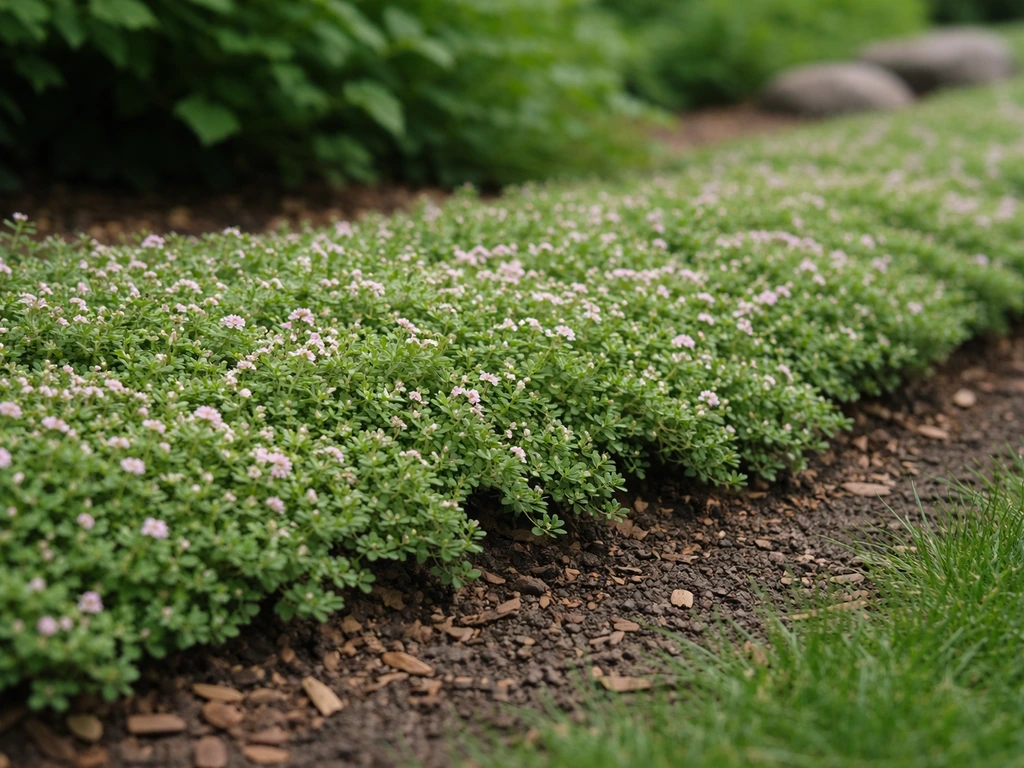Well-established groundcover band hugging the soil along a garden border with low, textured blooms and leaves
