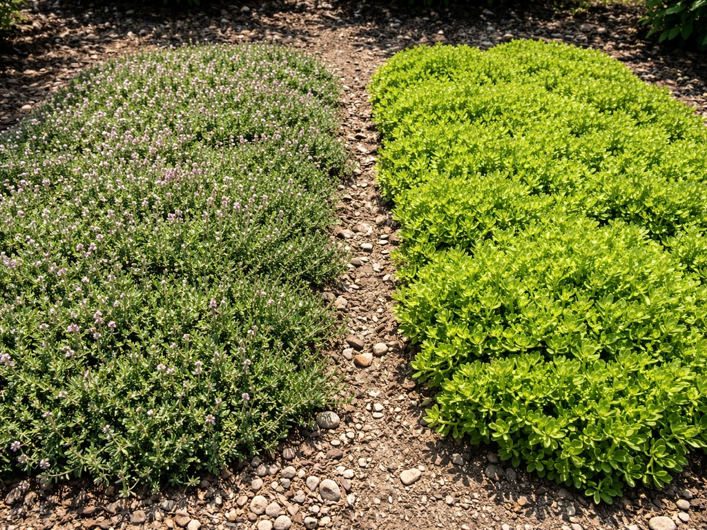 Two sunny garden beds with dense, thriving low groundcovers, bright direct light and crisp shadows.