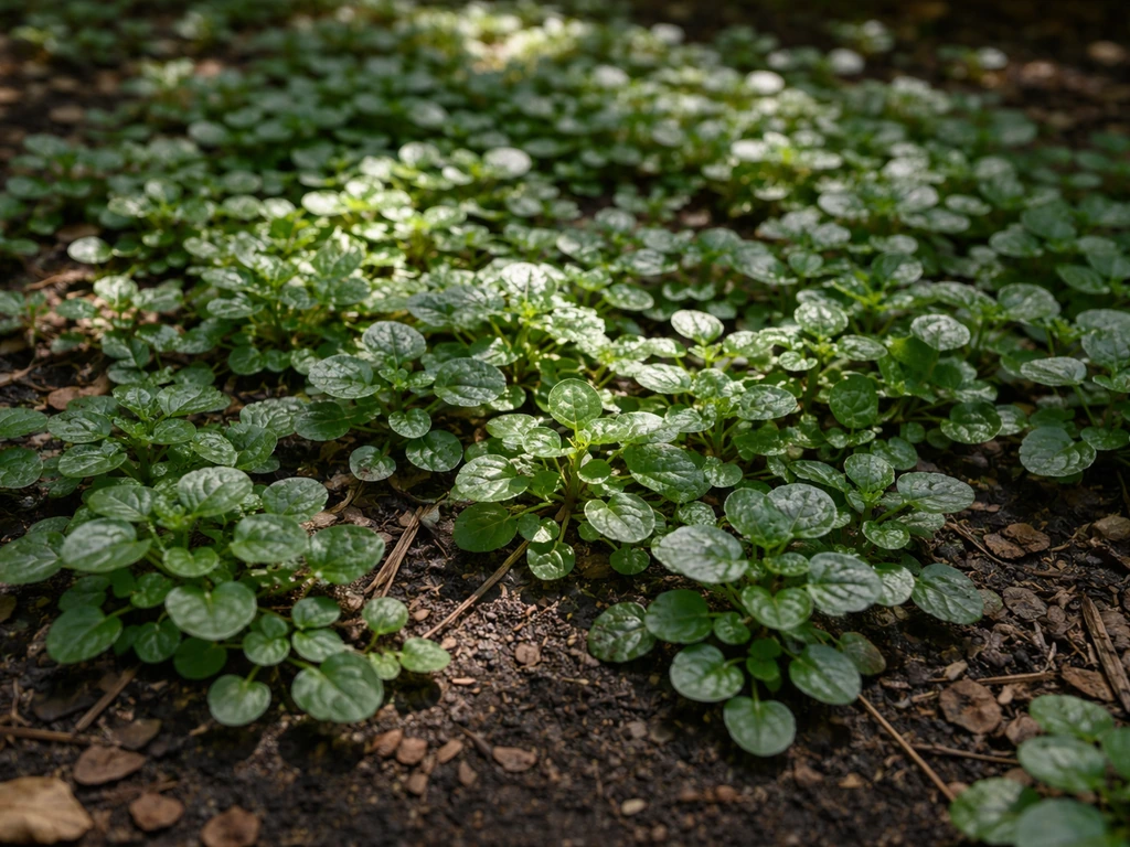 Close-up of ajuga bugleweed groundcover in dappled shade, showing low leaves and spreading stolons.