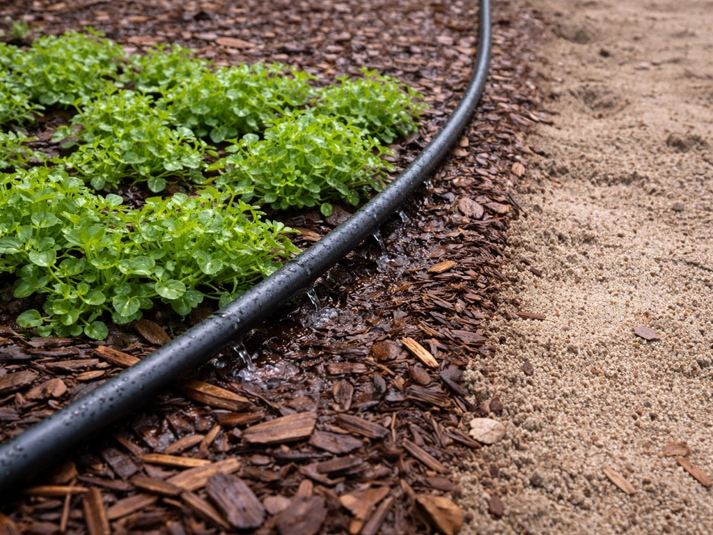 Drip irrigation waters fresh groundcover in mulched soil next to a dry, sandy patch.