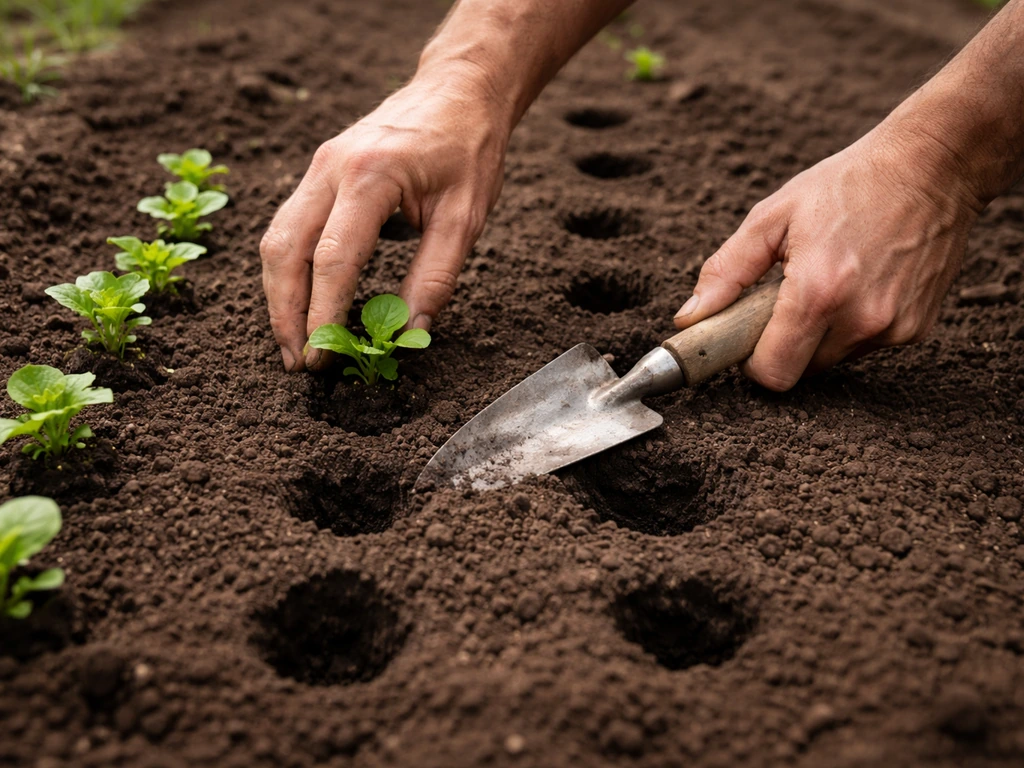 Gardening hands placing evenly spaced plant plugs into a freshly prepared soil bed.